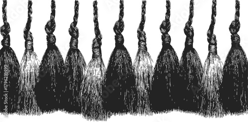 Witch brooms, hand drawn sketch style, row of magical broomsticks with twisted handles — stock vector