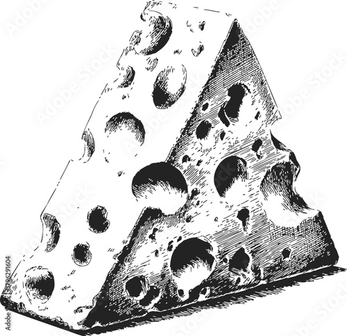 Cheese wedge sketch, hand drawn style with detailed holes and textured shading — stock vector
