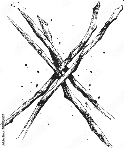 Hockey sticks crossed, hand drawn sketch style, black and white line art — stock vector