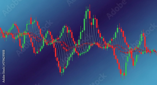 Abstract financial chart with red and green candlesticks showing stock market fluctuations and trends on a blue gradient background, representing investment analysis
