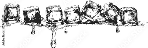 Ice cubes sketch hand drawn melting with dripping water line art — stock vector