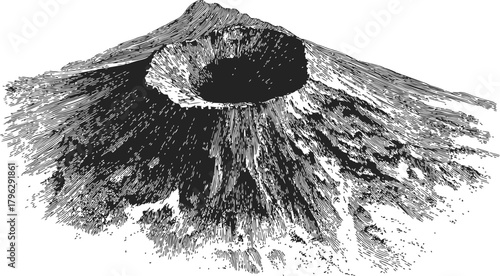 Volcano hand drawn sketch with crater and textured slopes — stock vector