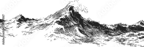 Ocean wave sketch, hand drawn line art of dynamic sea waves in black and white — stock vector