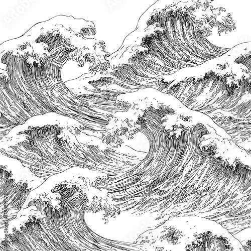 Ocean waves sketch, hand drawn line art with dynamic curling surf — stock vector