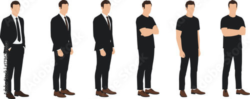 Businessman and casual man standing poses, formal suit and casual outfit comparison, office dress code and fashion concept illustration