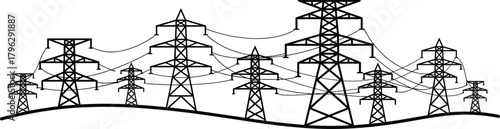 High voltage power transmission towers and electricity pylons landscape silhouette with connected cables, energy infrastructure, industrial utility grid illustration