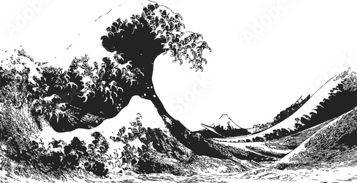 Great Wave hand drawn sketch with boats and Mount Fuji in background — stock vector