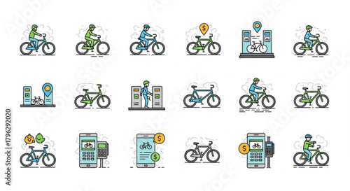 Collection of bicycle sharing icons, depicting bike rental, urban transportation, ecofriendly travel, and sustainable mobility solutions