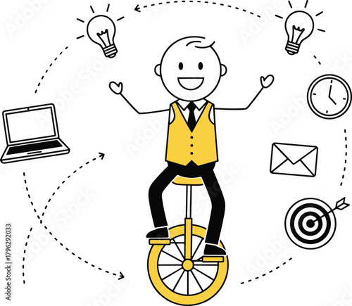 Businessman balancing work and ideas on unicycle, creativity, productivity, multitasking, innovation, office time management, goal achievement concept illustration