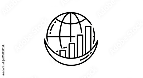 Global business growth icon a simple line drawing of a globe with a bar graph inside, representing international market expansion