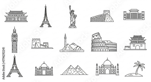 World landmarks line icons a collection of famous architectural monuments from around the globe in simple outline style