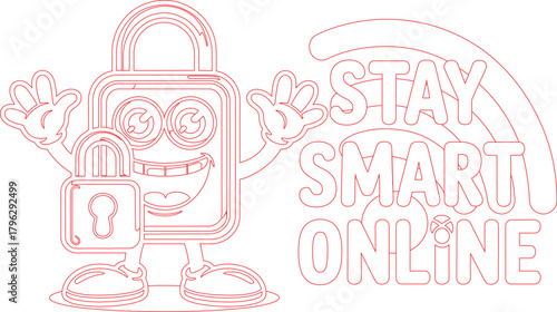 Smiling Padlock Mascot Promoting Online Safety and Security, Advocating to Stay Smart Online in Red Outline