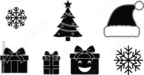 Silhouette Christmas icons including snowflakes, tree, Santa hat and gift boxes, festive holiday decoration vector set, winter celebration graphic design