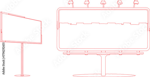 Two Red Outline Billboard Signs with Lighting Fixtures and Supporting Stands Depiction
