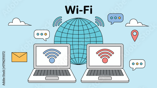 WiFi Globe Connection with Laptops, Email, Location Pin, Speech Bubbles on Light Blue Background