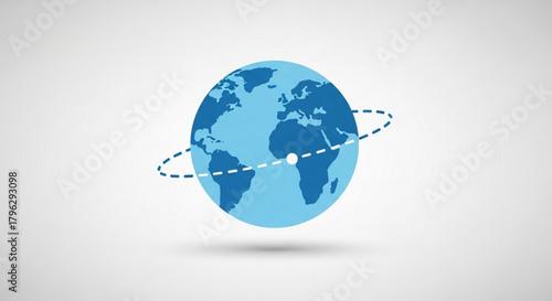 Illustration of a blue globe with continents and a dotted line circling it, representing international travel, global communication, or worldwide business
