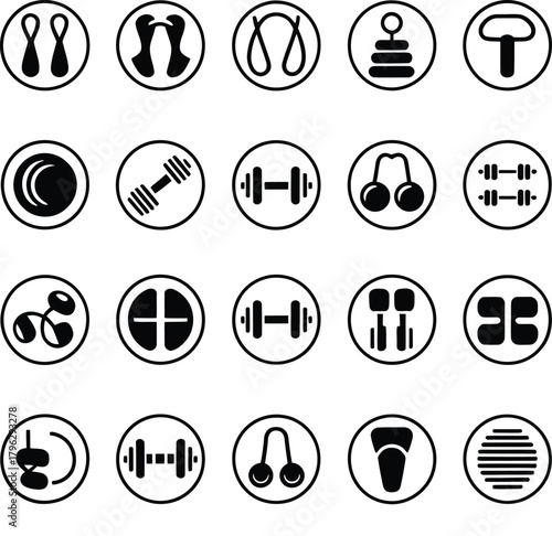 Black and white icons of fitness and exercise equipment , fitness, exercise, equipment, icon, symbol, 