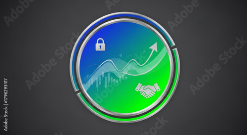 Financial growth and security illustration, featuring a padlock, upward trending arrow, handshake, and cityscape within a circular frame