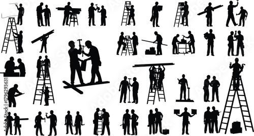 Silhouette construction workers collaborating in various teamwork poses with ladders, tools, and equipment, professional labor illustration set for industry concepts