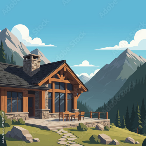 
A beautiful wooden mountain lodge with a stone patio sits on a sunny green hillside, overlooking a serene valley and tall peaks