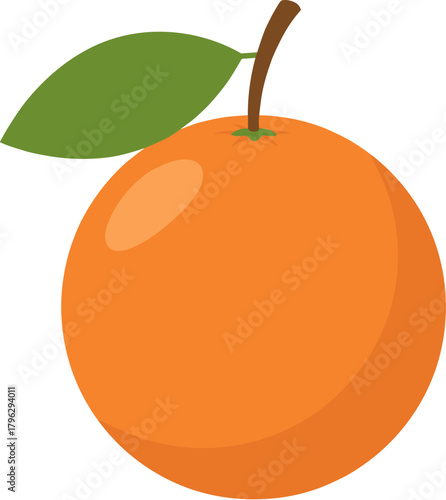 Flat Illustration Single Orange with Leaf and Stem Fruit Graphic