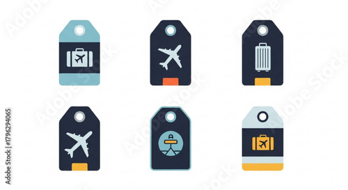 Collection of travel tag designs with airplane and luggage icons