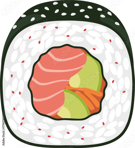 Flat Illustration Sushi Roll with Salmon and Avocado Delicious Food