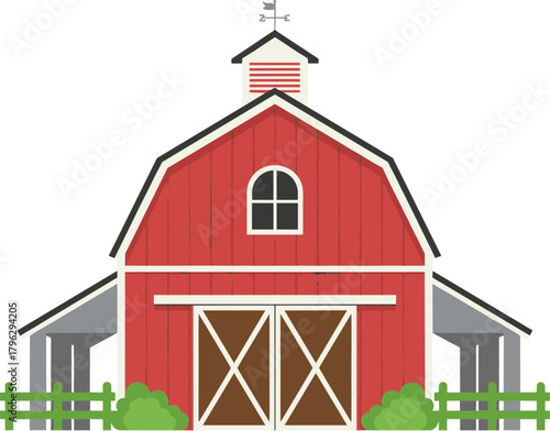 Flat Design Red Wooden Farm Barn with Weathervane Illustration