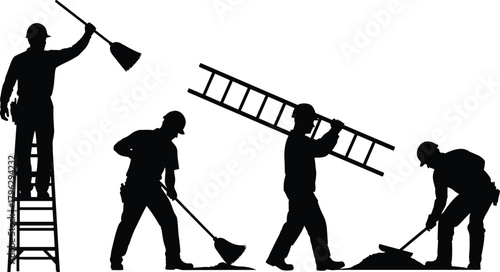 Silhouette construction workers sweeping, carrying ladder, standing on ladder and shoveling, industrial labor activity illustration for job site and maintenance work