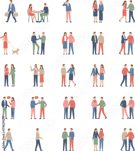 Collection of diverse people and couples interacting in everyday activities, flat vector characters walking, talking, meeting, and socializing illustration set