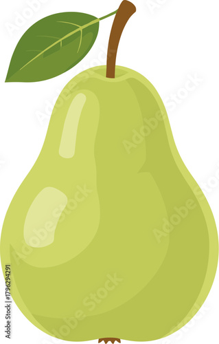 Simple Green Pear Illustration with Leaf and Stem Isolated