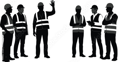 Silhouette construction workers wearing safety vests and helmets discussing plans on site, teamwork communication illustration set, industry workforce concept