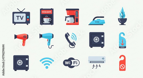 A set of flat icons representing hotel amenities, including tv, coffee maker, iron, safe, hairdryer, phone, and air conditioner