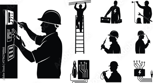 Silhouette electricians repairing electrical panels, using tools, climbing ladders and testing circuits, professional electrical work illustration set for industry and maintenance