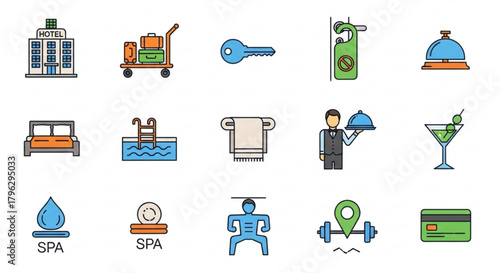 Hotel service icon set, featuring amenities such as room, luggage, key, spa, pool, restaurant, bar and gym