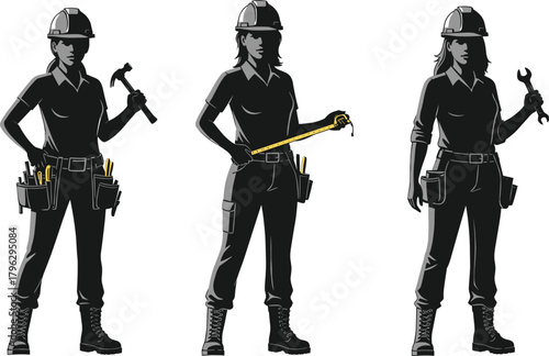 Silhouette female construction workers holding tools like hammer, tape measure and wrench, professional labor illustration, industry workforce, engineering craft concept