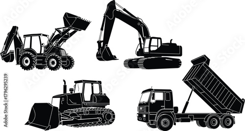 Silhouette heavy construction equipment set with backhoe loader, excavator, bulldozer and dump truck, industrial machinery vector for building and earthmoving