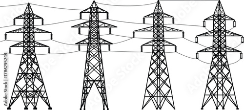 Silhouette high voltage transmission towers with overhead power lines, electricity distribution network illustration, energy infrastructure vector design for industrial use