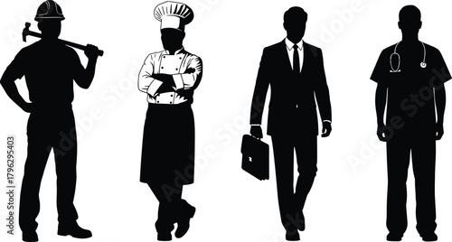 Silhouette illustration of diverse professional workers including builder chef businessman doctor standing together representing occupations teamwork career roles workplace industries\