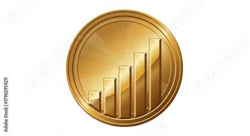 Golden coin with a rising bar graph, symbolizing financial growth, investment success, and positive market trends