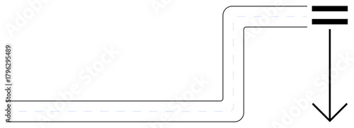 Black arrow pointing downward at the end of a bent pipeline-thumbs up path, illustrating motion, direction, and transition. Ideal for flow concepts, guidance frameworks, energy systems, processes