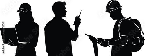 Silhouette workers using laptop, walkie-talkie and field equipment, modern communication and engineering illustration set for technology, industry and job concepts
