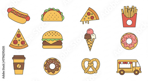 Variety of fast food icons including hot dog, taco, pizza, fries, burger, ice cream, donut, coffee, pretzel, and food truck
