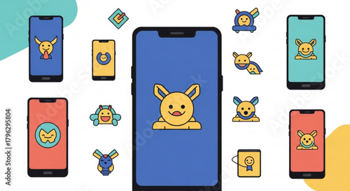 Cute animal icons on smartphone screens, showcasing a playful and modern app design with vibrant colors, perfect for mobile interfaces
