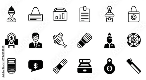 Collection of black and white outline icons representing various business and financial concepts, including trophy, briefcase, clipboard, and money bag