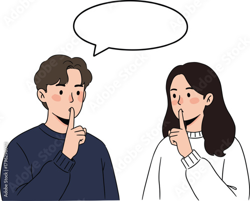 Couple showing quiet gesture with finger on lips, cartoon man and woman shh pose, silence communication concept illustration