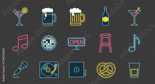 Neon bar signs and symbols for a vibrant nightlife, featuring cocktails, beer, music, and entertainment, creating an inviting atmosphere for socializing and fun