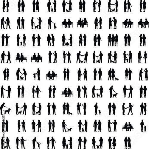 Couples and families silhouettes walking with pets, diverse people interactions, park scenes, relationship moments, vector illustration collection for lifestyle design use