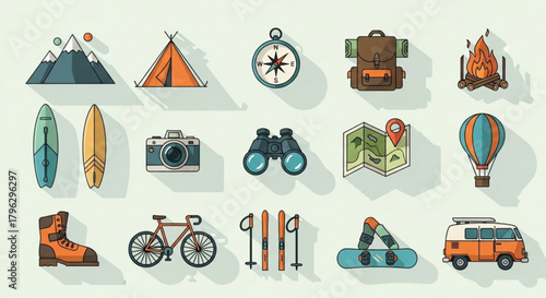 Camping and outdoor adventure icons, featuring a tent, compass, backpack, campfire, mountains, surfboard, camera, binoculars, map, and hot air balloon