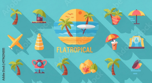 Flat tropical vector illustration featuring palm trees, beach, airplane, and other summer vacation elements